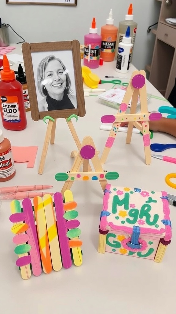 Colorful crafts made from ice cream sticks including a picture frame, mini easel, and decorative box on a crafting table.